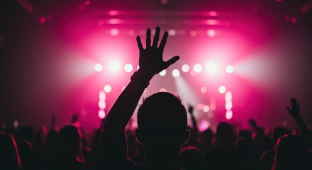 Enthusiastic crowd with hands raised at a vibrant concert.