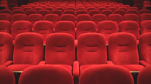 Slow backward dolly shot of endless rows of empty red velvet seats in a dark cinema auditorium