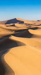 Golden Sand Dunes in Desert Landscape with Ripple Patterns and Blue Sky