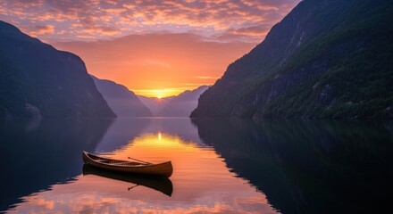 A tranquil sunset over a serene fjord with a wooden canoe floating on the water.