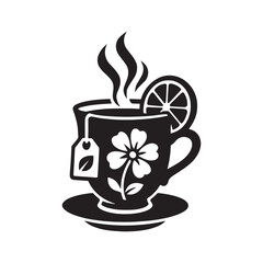 Floral Tea Cup Silhouette Vector Icon with lemon 