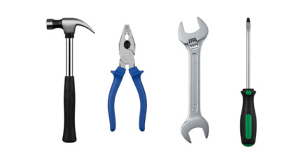 3d illustration of set of essential hand tools isolated on transparent background, including hammer, pliers, wrench, and screwdriver