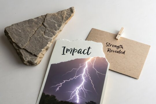 "Impact" text on torn paper showing lightning, "Strength Revealed" on brown card, and a stone on white background