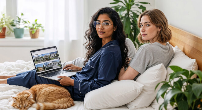 Portrait of a diverse lesbian couple in pajamas searching for a new home on a laptop in the morning, authentic moment in bed - Powered by Adobe