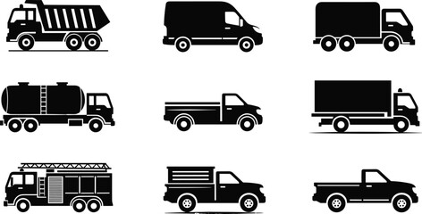 Black and white truck vector illustration, dump truck, cargo van, box truck, tanker truck, pickup truck, flatbed truck, fire truck, utility vehicle clipart