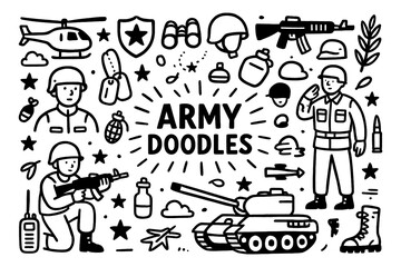 Military profession doodle icons with uniform, medals and army vehicle elements, Transparent Background