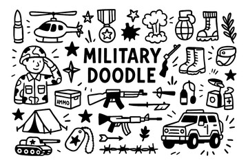 Military profession doodle icons with uniform, medals and army vehicle elements, Transparent Background