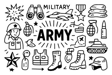 Military profession doodle icons with uniform, medals and army vehicle elements, Transparent Background