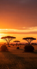 Vibrant Orange Sunset over African Savanna Landscape with Silhouette Acacia Trees