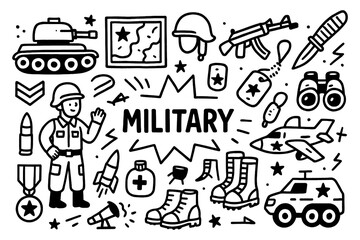 Military profession doodle icons with uniform, medals and army vehicle elements, Transparent Background