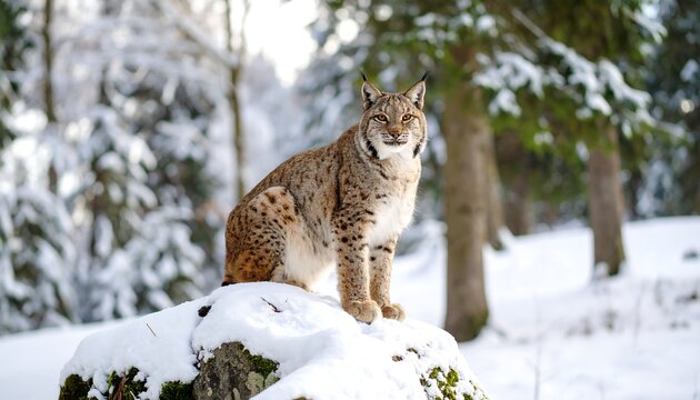 A Lynx Perched on a Snow-Covered Rock in a Winter Forest - Powered by Adobe