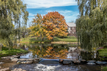 A waterfall on a small lake in a park with autumn colours and foliage, willow trees, sunshine, nobody