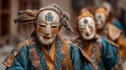 Monks Wearing White Masks in Sacred Cham Dance at Thiksey Gustor Festival in Ladakh