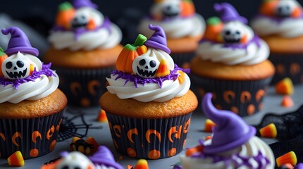 Spooky and sweet halloween cupcakes decorated with ghosts and pumpkins