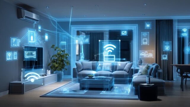 Modern living room with gray sofa, overlaid with blue schematic of smart home technology