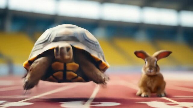 focused tortoise races hare on stadium track. modern take on classic fable about perseverance and determination. business metaphor for strategy and goals.
