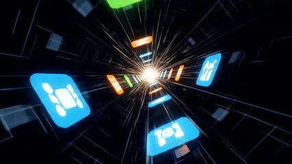 Abstract digital tunnel with glowing icons and bright light at the center - Powered by Adobe