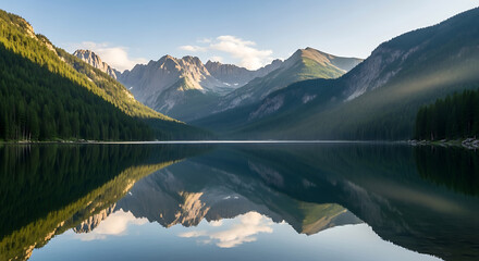 Tranquil Alpine Lake Reflecting Majestic Mountains and Green Forests
