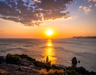 Dramatic sunrise over a tranquil bay.  Coastal landscape with a vibrant sunset reflecting on the water.  Clouds in various shades of pink, orange, and purple.  Rocky shoreline with greenery