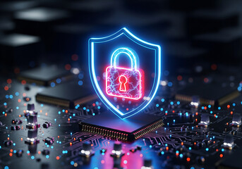 Digital security concept with a glowing shield and padlock icon hovering over a computer circuit board