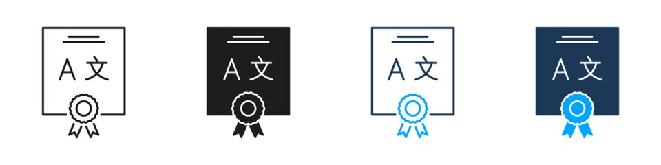 Language Certificate With Ribbon Line And Solid Icon Set. Language Proficiency, Certification, And Achievement Recognition Symbol Collection. Educational Qualification. Isolated Vector Illustration