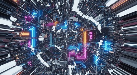 Dynamic digital vortex with vibrant neon circuits and futuristic abstract architecture, symbolizing innovation and advanced technology