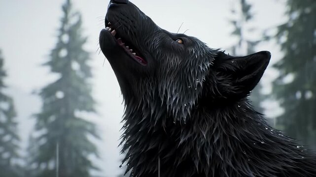 An extreme close-up video of a majestic black wolf with wet, obsidian fur and piercing amber eyes, howling in a misty, rain-shrouded ancient forest. Wild nature concept