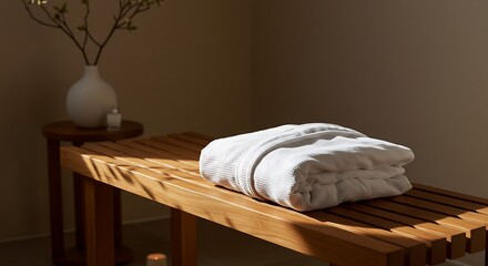 Clean White Bathrobe Folded on Wooden Spa Table in Calm Relaxation Room