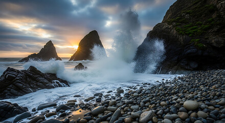 Golden Light Breaks Through Clouds over Crashing Waves on Rugged Coast