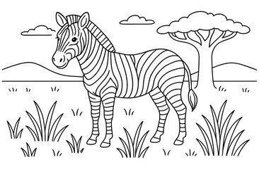 Obraz premium Zebra in the savanna: black and white outline drawing