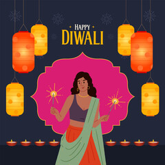 Diwali festival social media banner with an Indian woman celebrating Diwali, and a festival hanging lamp vector illustration  