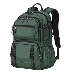 Illustration of green hiking backpack isolated on transparent background, perfect for outdoor adventures