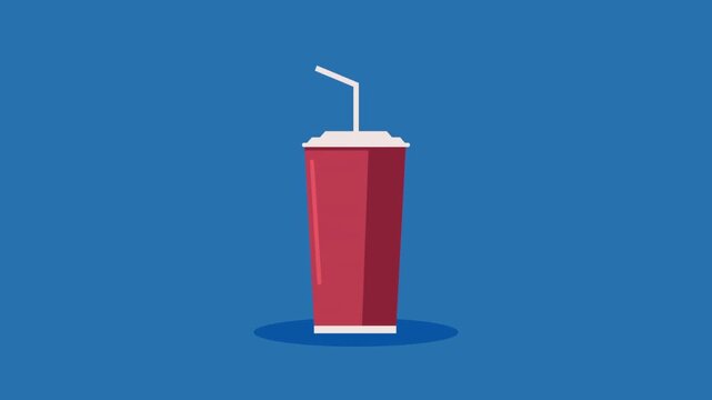 Red cup with straw sits centered on a blue background, casting a soft shadow with soft blue hue and