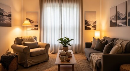 Warm, inviting living room sanctuary featuring cozy seating, calming decor, and soft ambient lighting for ultimate relaxation and comfort.
