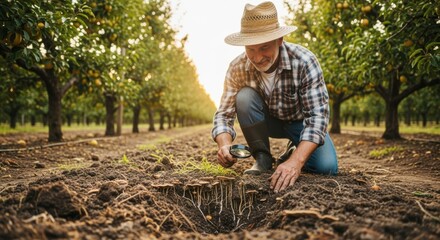 Farmer inspecting thriving orchard with visibly moist enriched soil after microbial treatment illustrating sustainable soil microbiome management.