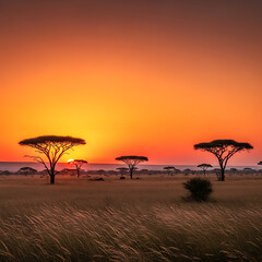 Vibrant African Sunset over Savanna with Silhouetted Acacia Trees