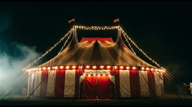 Mysterious circus tent shrouded in fog at night