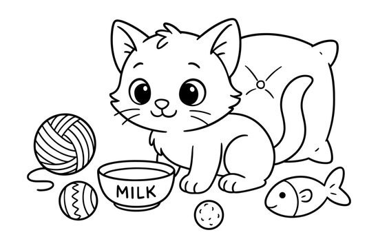 Adorable cat coloring page with toys and milk bowl for kids