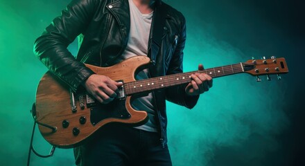 Fototapeta premium Musician plays electric guitar on a smoky stage with green light.