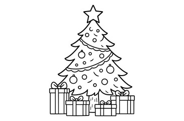 Fototapeta premium Simple line art of a christmas tree with presents and decorations