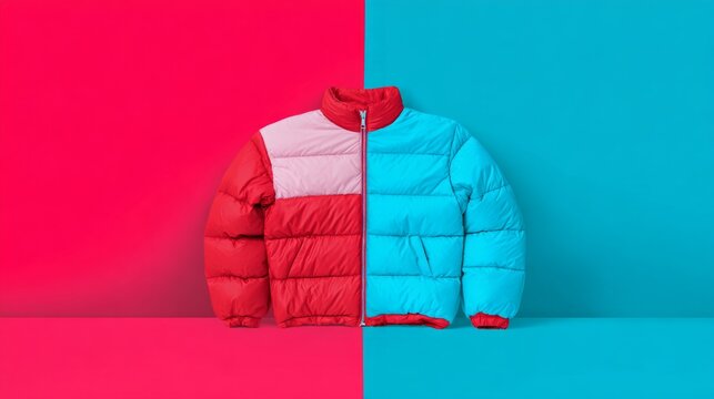reversible. A reversible jacket lying on a plain surface, one side blue and the other red. lifestyle magazines, social media lookbooks, designed for lifestyle magazines and social media content.

