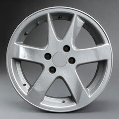 Close-up of a silver alloy car wheel.  Seven spokes,  smooth finish