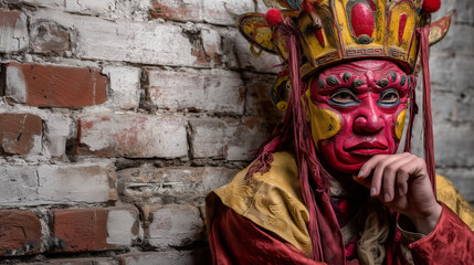 Portrait of Buddhist monk in red ritual mask during Thiksey Gustor Festival at Thiksey Monastery, Ladakh