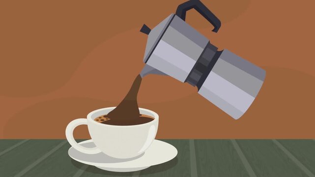 Stylized moka pot pours dark coffee into a white cup on a green tabletop. Inviting pause. Calm sip