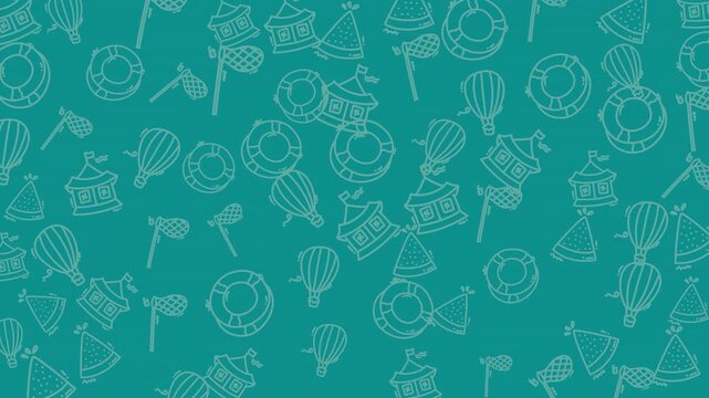 animated summer holiday icon seamless pattern repeat pattern with tents, balloons, and watermelon slices on a calming teal background for vibrant designs and cheerful projects