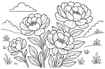 Floral coloring page with peony blooms in nature setting with clouds and grass