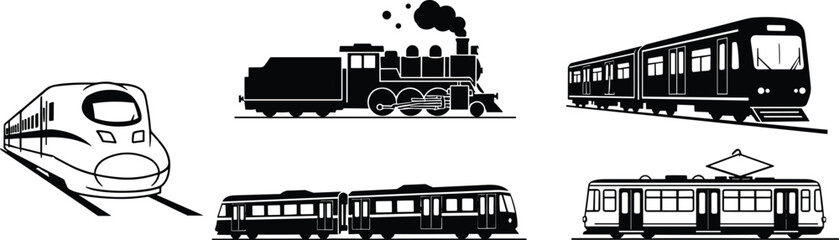 Black silhouette vector illustration, high-speed train, steam locomotive, subway metro, light rail tram, regional train, streetcar trolley, railway transport, line art