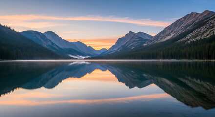 Tranquil Mountain Lake Reflects Vibrant Sunrise Sky and Distant Peaks