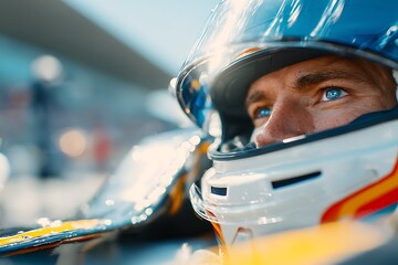 Intense close-up of a race car driver's blue eyes under a helmet visor, showing focus and adrenaline before a high-speed race, symbolizing peak performance and speed.