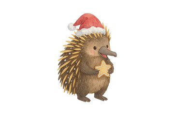 Christmas Australia Animal PNG Watercolor Echidna Wearing a Santa Hat with a Star Cookie Illustration Design